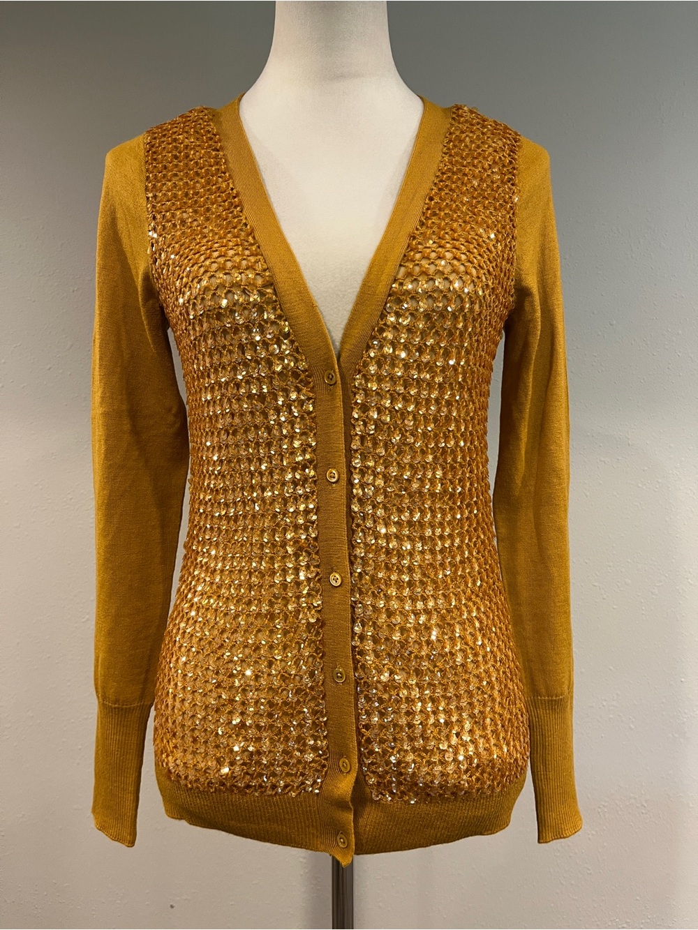 J. Crew 100% merino wool mustard Gold Sequin V-Neck Button down Cardigan Sweater